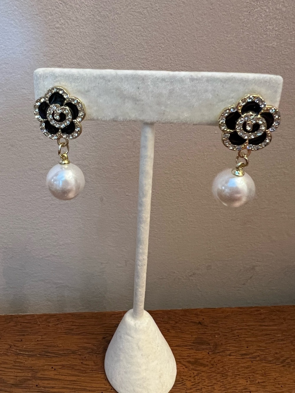 Black and Gold Camellia Flower Pearl Drop Earrings  with Pave Crystals